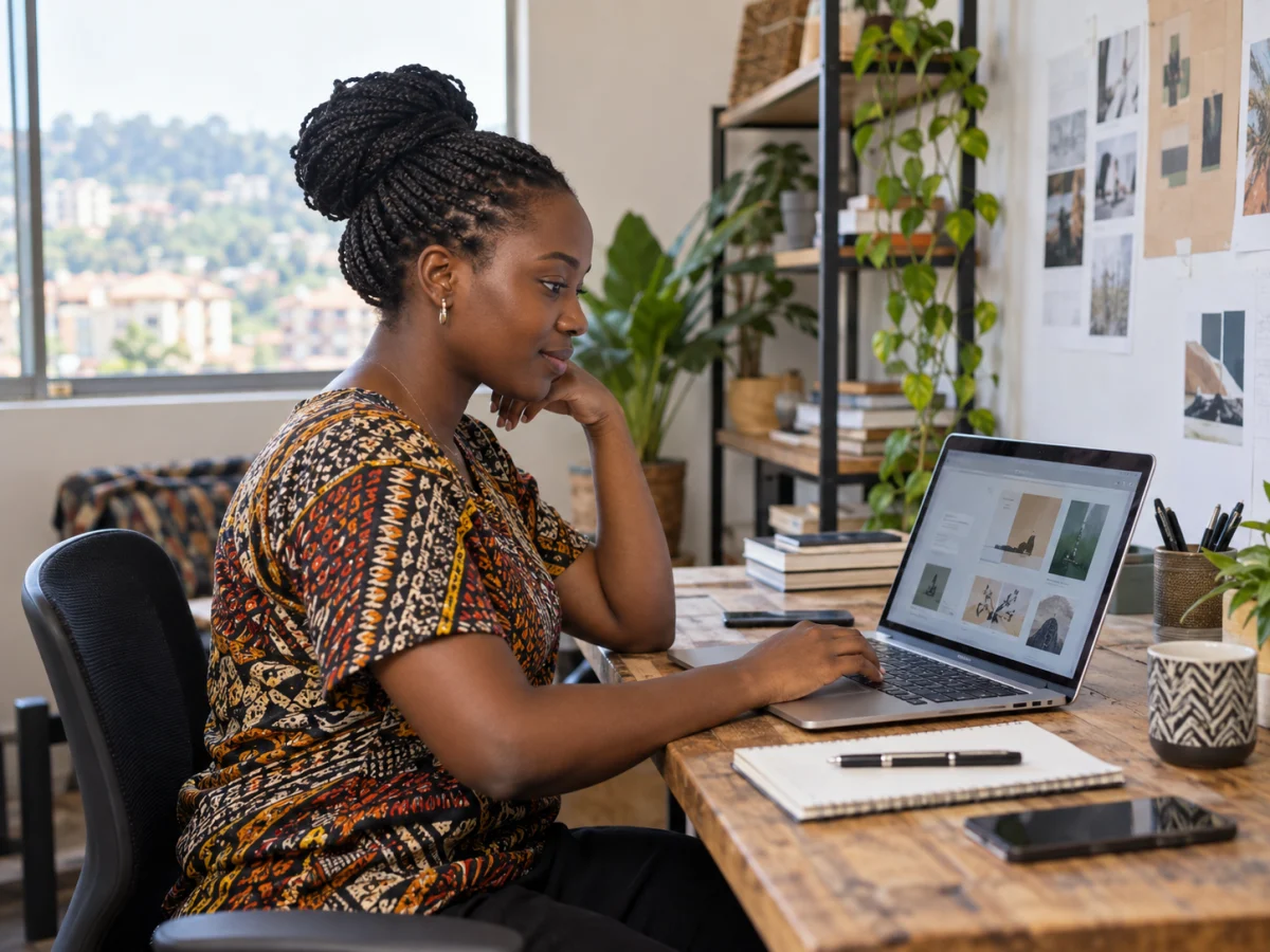 Illustrative scene of a professional reviewing website work on a laptop