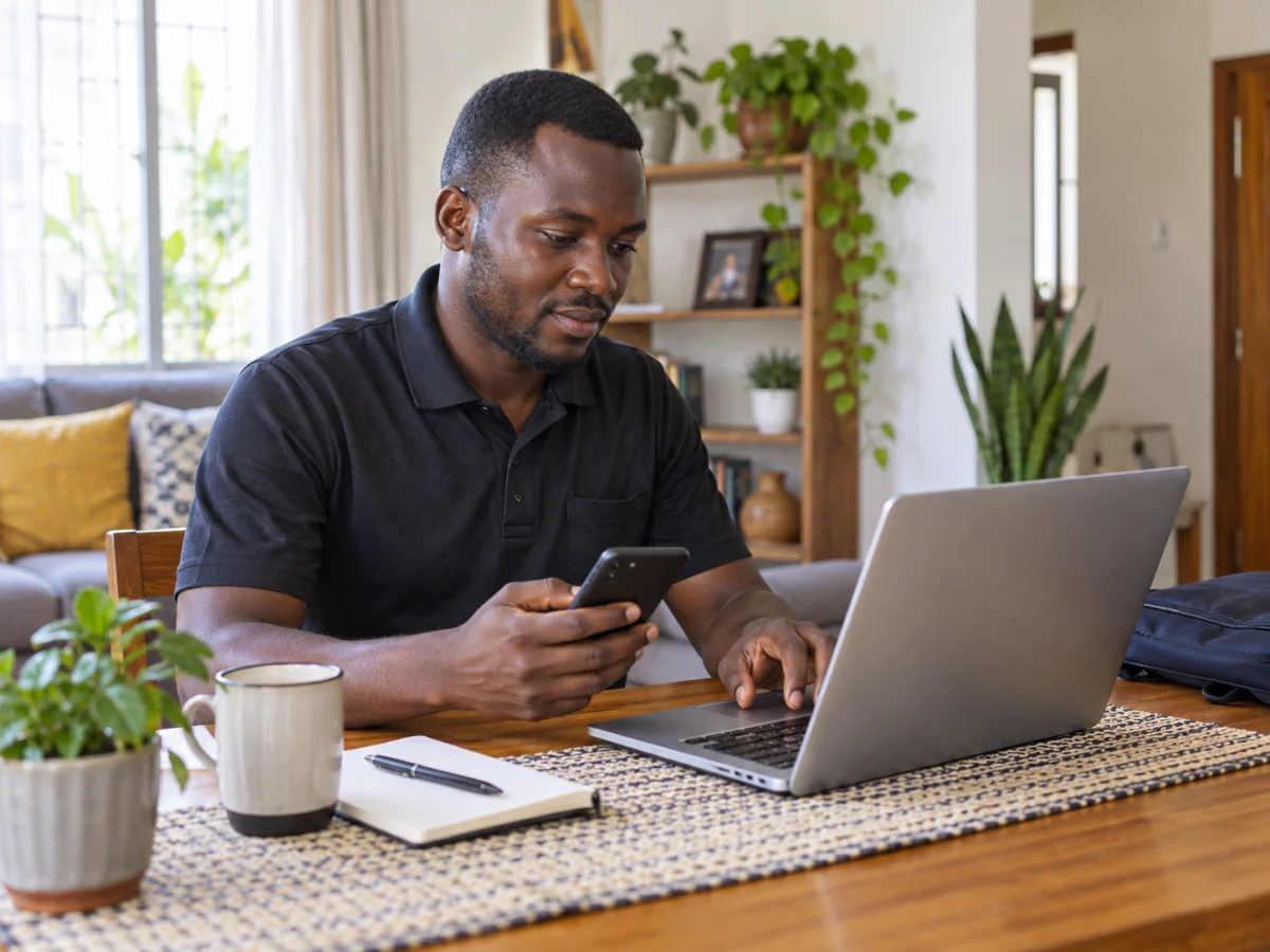 Illustrative scene of a technician reviewing a laptop and phone
