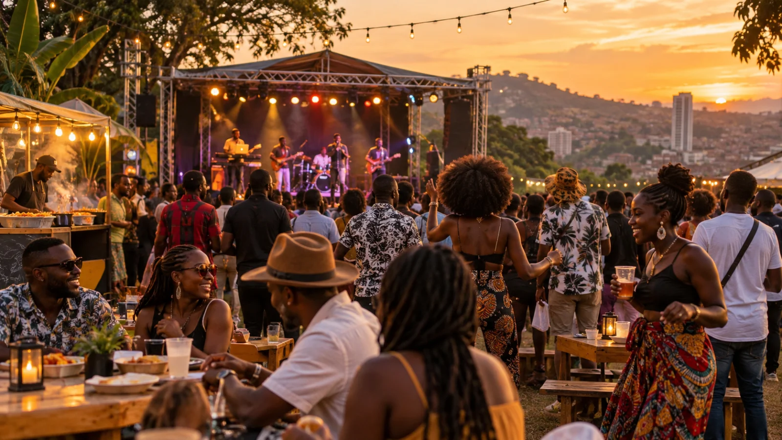 Illustrative outdoor Kampala festival with a stage and audience