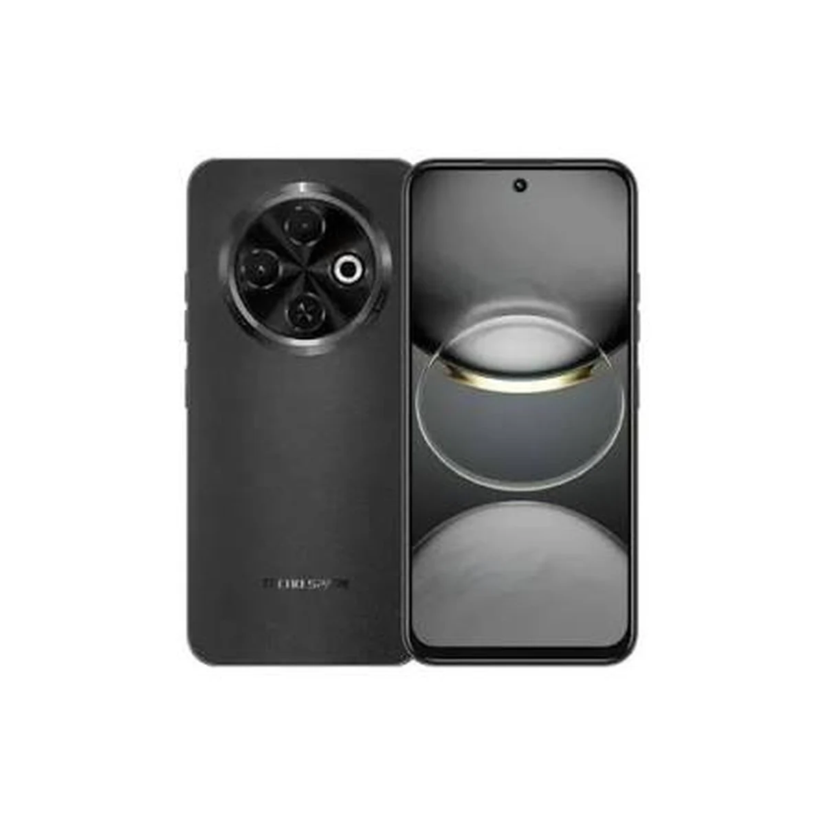 Black Tecno Spark phone shown from the front and back